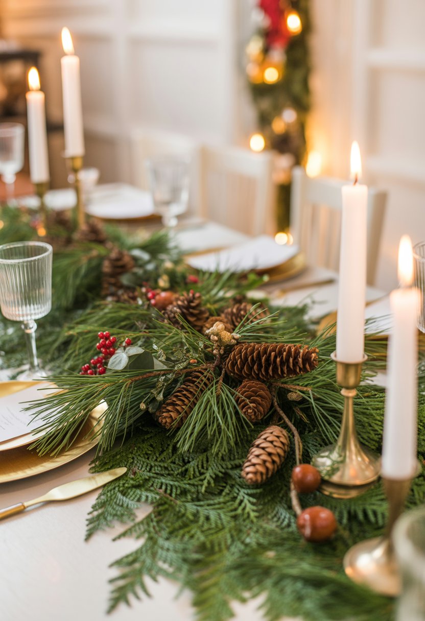 A wedding table decorated with pinecone and evergreen table runners, candles, and holiday greenery.