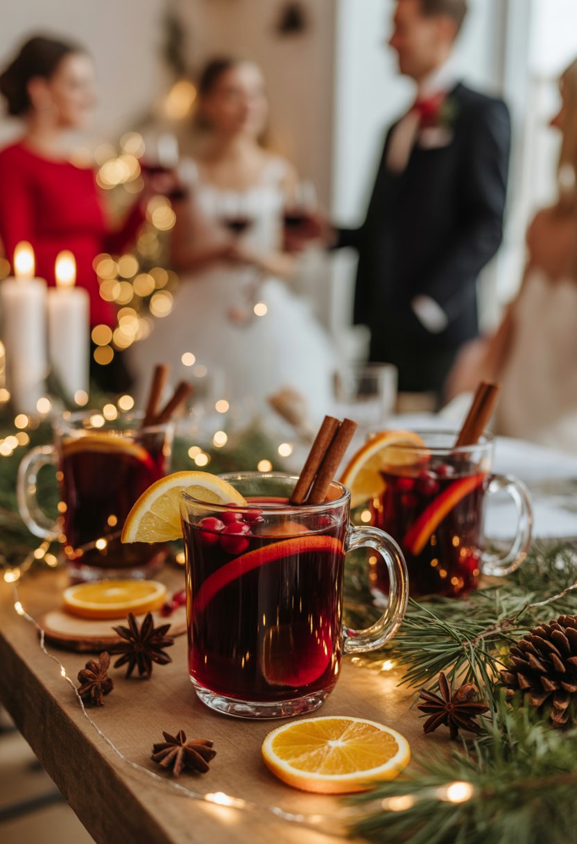 A table with glass mugs of steaming mulled wine garnished with cinnamon sticks and orange slices, surrounded by pine branches and pine cones, with soft glowing lights and blurred wedding guests in the background.
