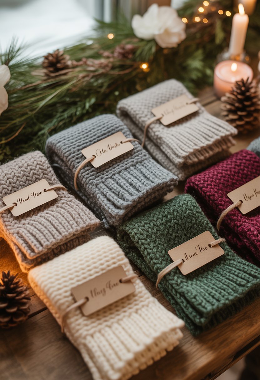 A collection of hand-knit wool scarves arranged on a wooden table with winter decorations around them.