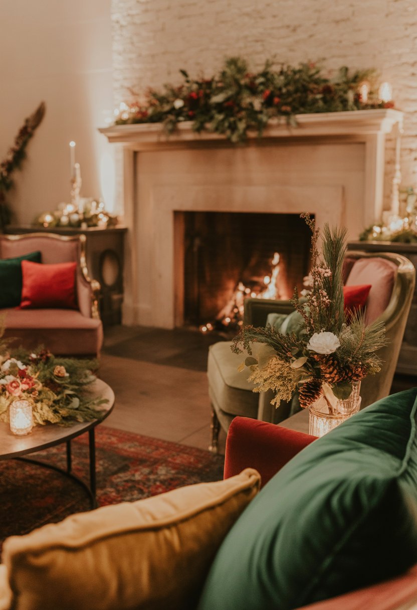 A cozy lounge area with a glowing fireplace, plush seating, winter floral decorations, and warm ambient lighting.