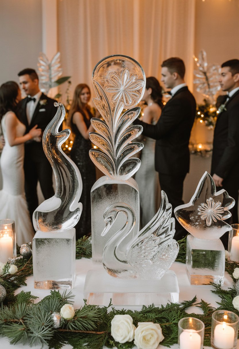 A wedding venue decorated with elegant ice sculptures surrounded by winter floral arrangements and guests in formal attire.