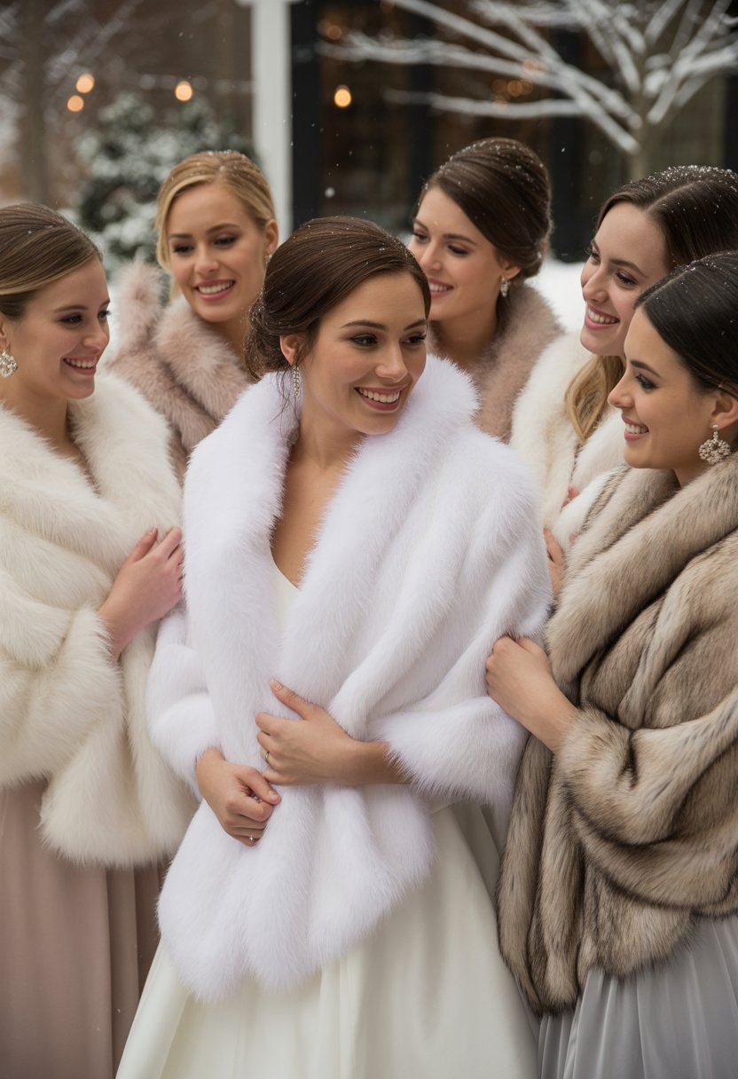 Bride and bridal party wearing faux fur stoles outdoors in a winter wedding setting.