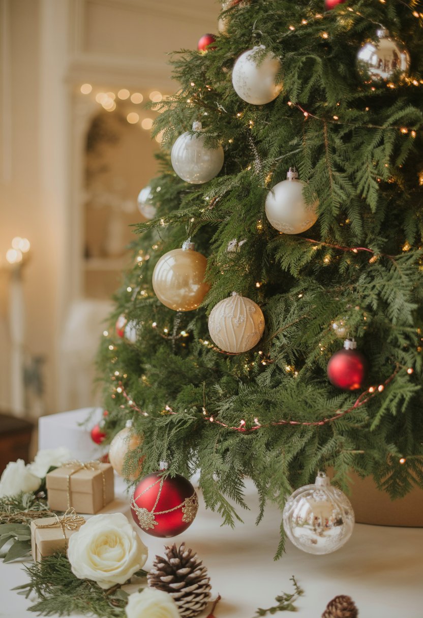 A wedding tree decorated with Christmas ornaments, fairy lights, pine branches, white roses, and pine cones in a warm indoor setting.