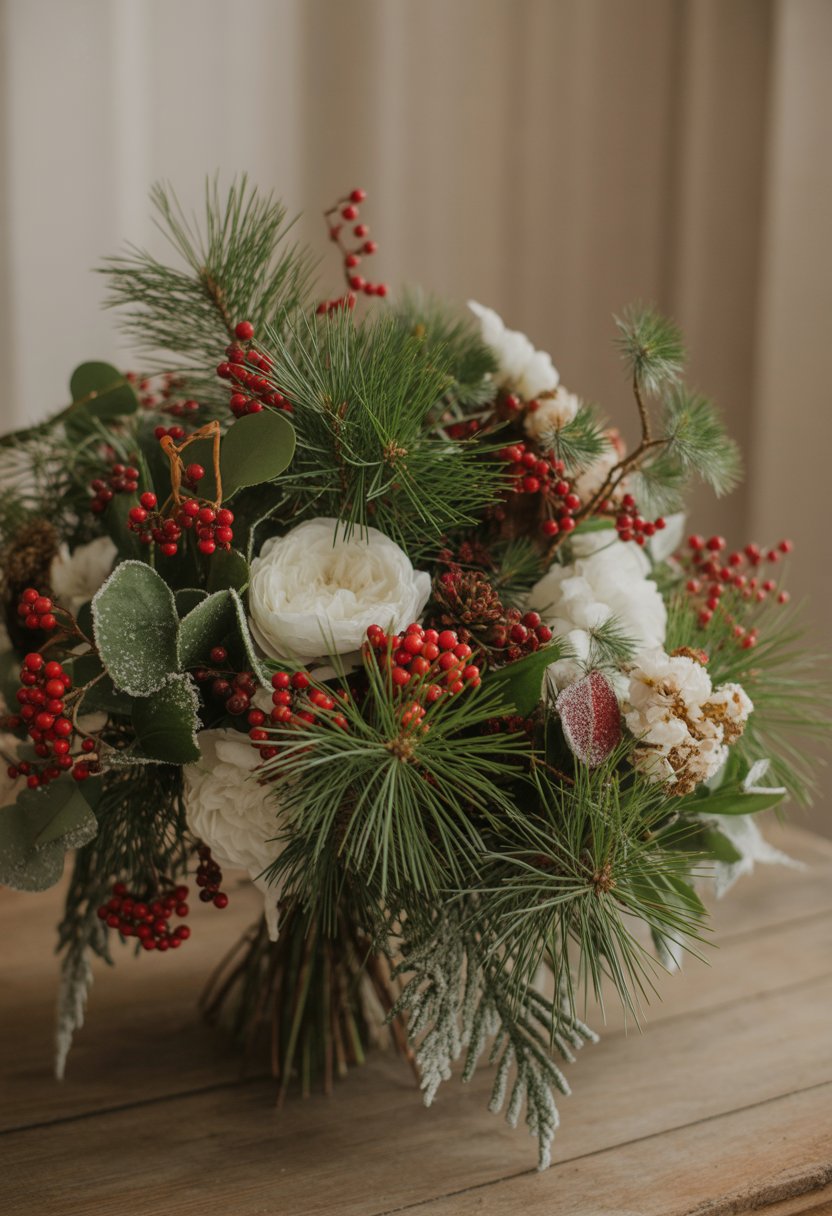 A floral arrangement with pine branches, red berries, and white flowers on a wooden table.