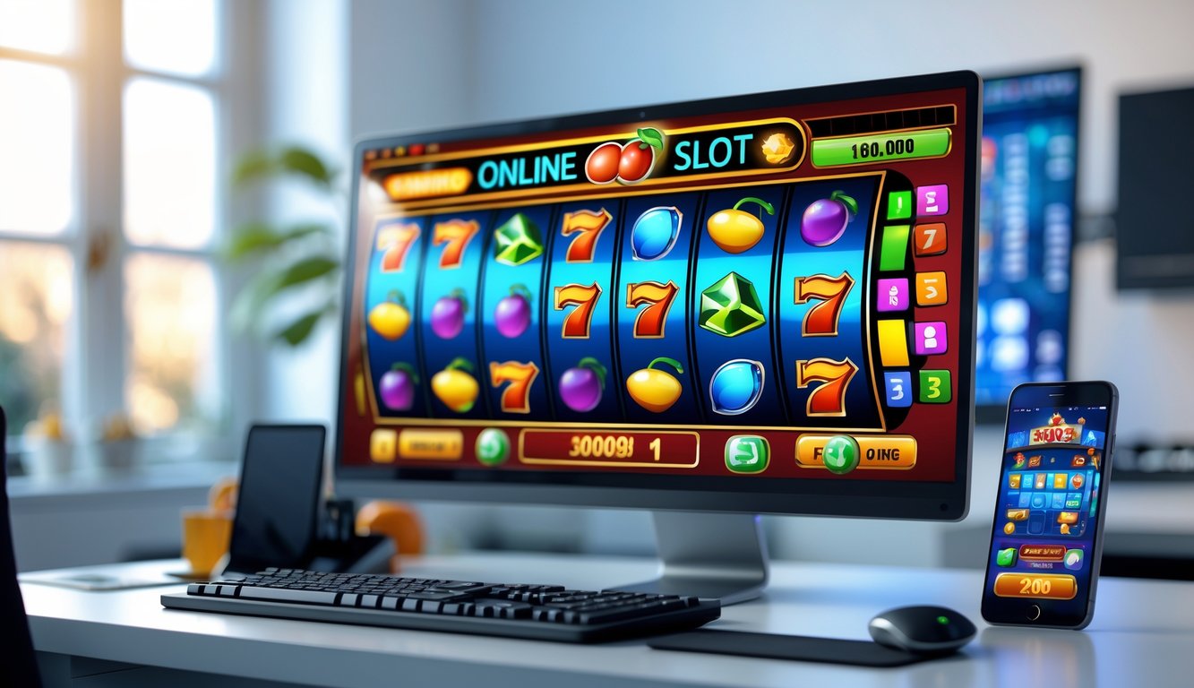 Sebuah meja kerja dengan komputer yang menampilkan permainan mesin slot online yang berwarna-warni.