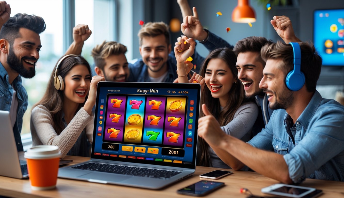 Sekelompok orang muda yang bahagia bermain permainan slot online di depan layar komputer di sebuah ruangan yang nyaman.