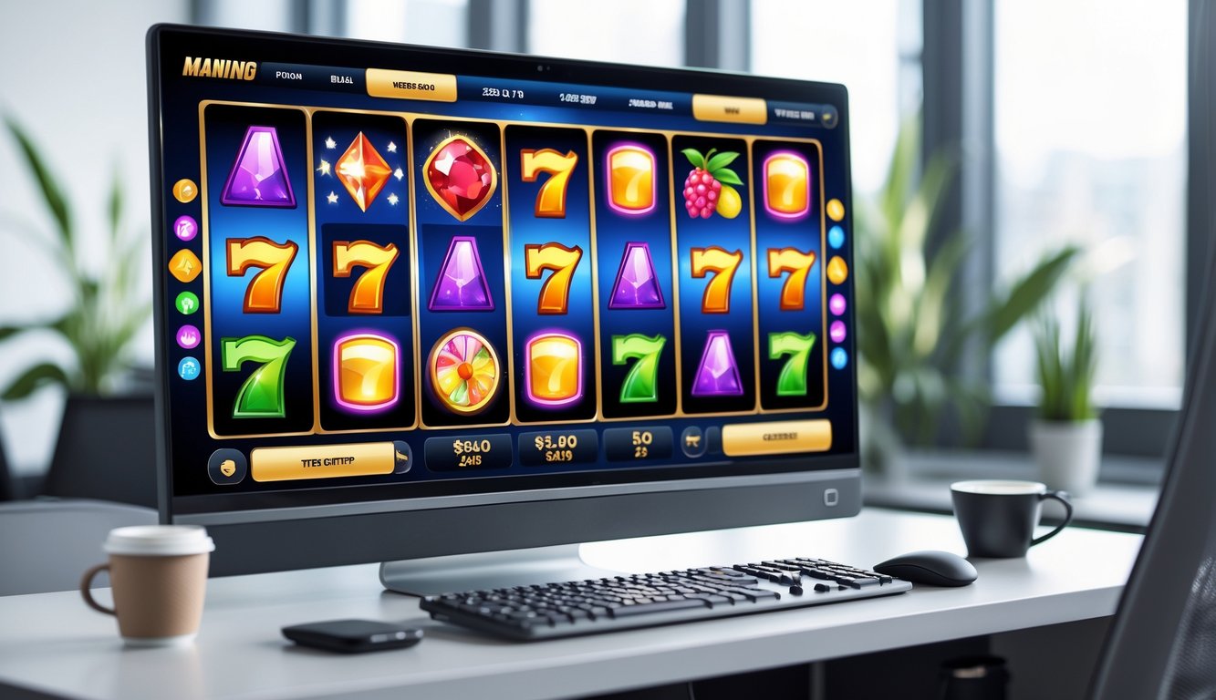Tampilan komputer dengan layar menampilkan permainan slot online yang berwarna-warni di meja kerja yang rapi.