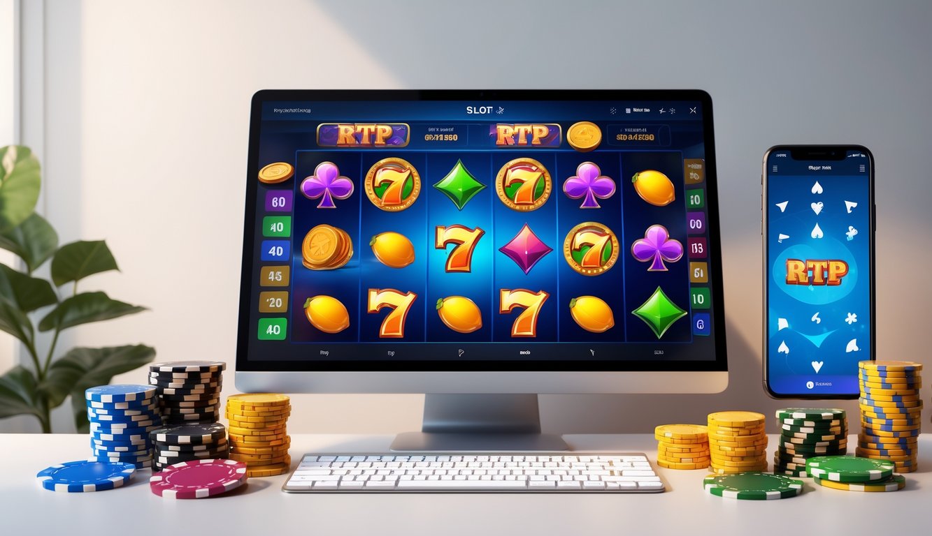 Sebuah komputer dan smartphone menampilkan permainan slot online dengan simbol buah dan koin emas di meja yang rapi.