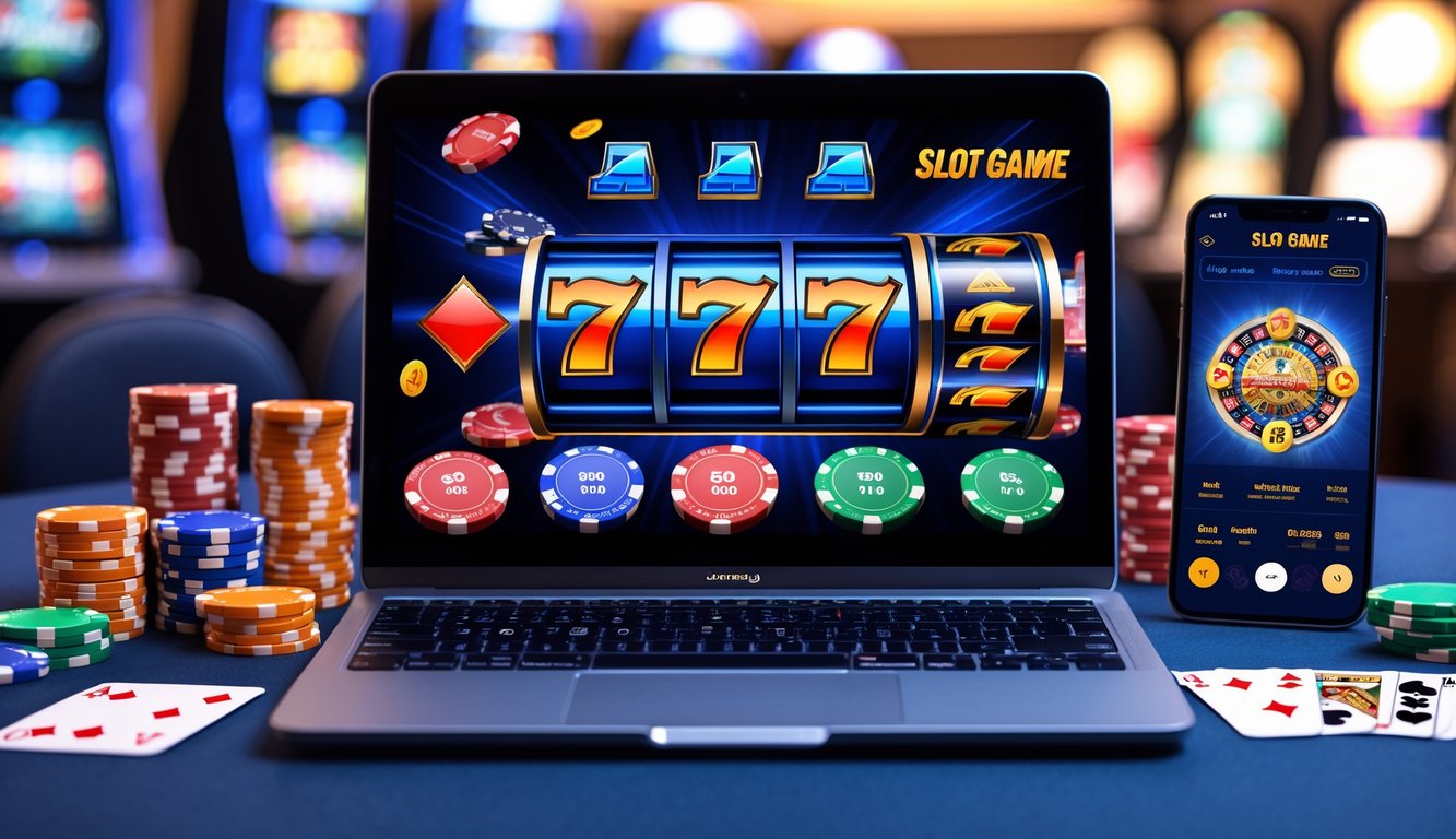 Meja kerja dengan laptop dan ponsel yang menampilkan permainan mesin slot online, dikelilingi chip poker dan kartu remi.