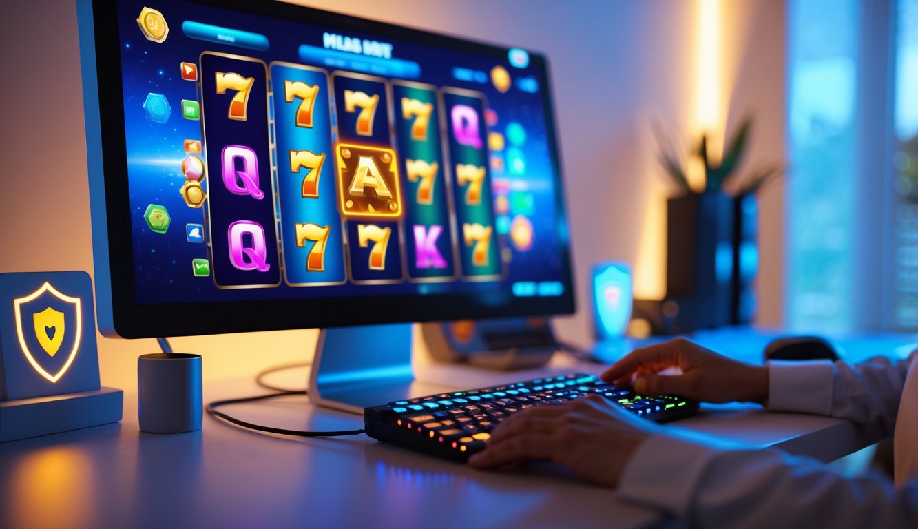 Seorang pengguna sedang bermain permainan slot online di komputer dengan tampilan layar penuh warna dan suasana kerja yang rapi dan profesional.