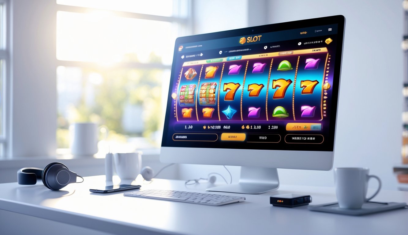 Seorang pengguna duduk di depan komputer dengan tampilan permainan slot online yang penuh warna dan fitur inovatif di layar.