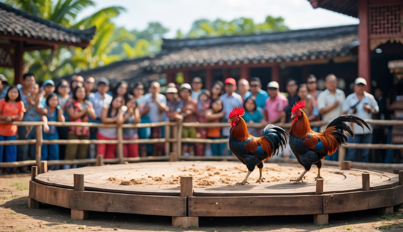 Suasana platform sabung ayam dengan kerumunan orang menonton di arena terbuka.