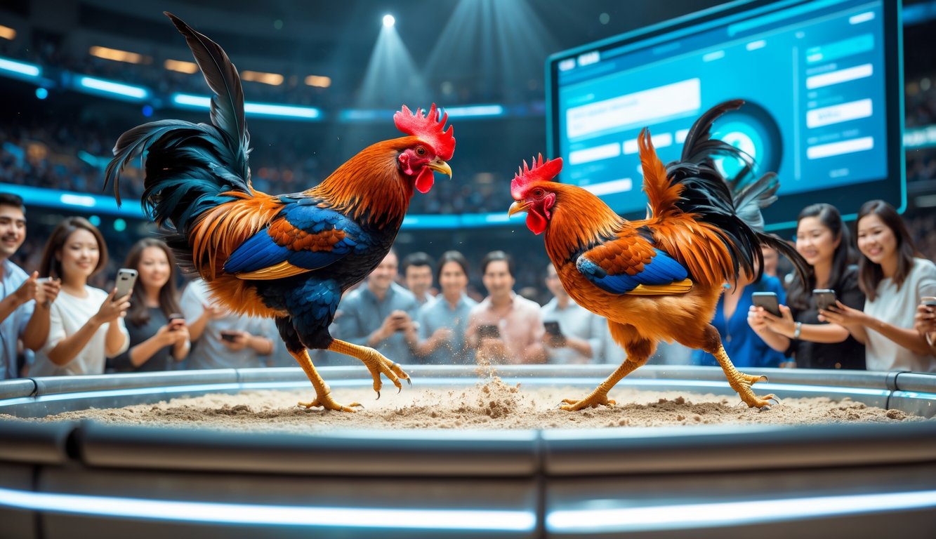 Dua ayam jago sedang bertarung di arena digital dengan penonton yang antusias mengamati melalui perangkat elektronik.