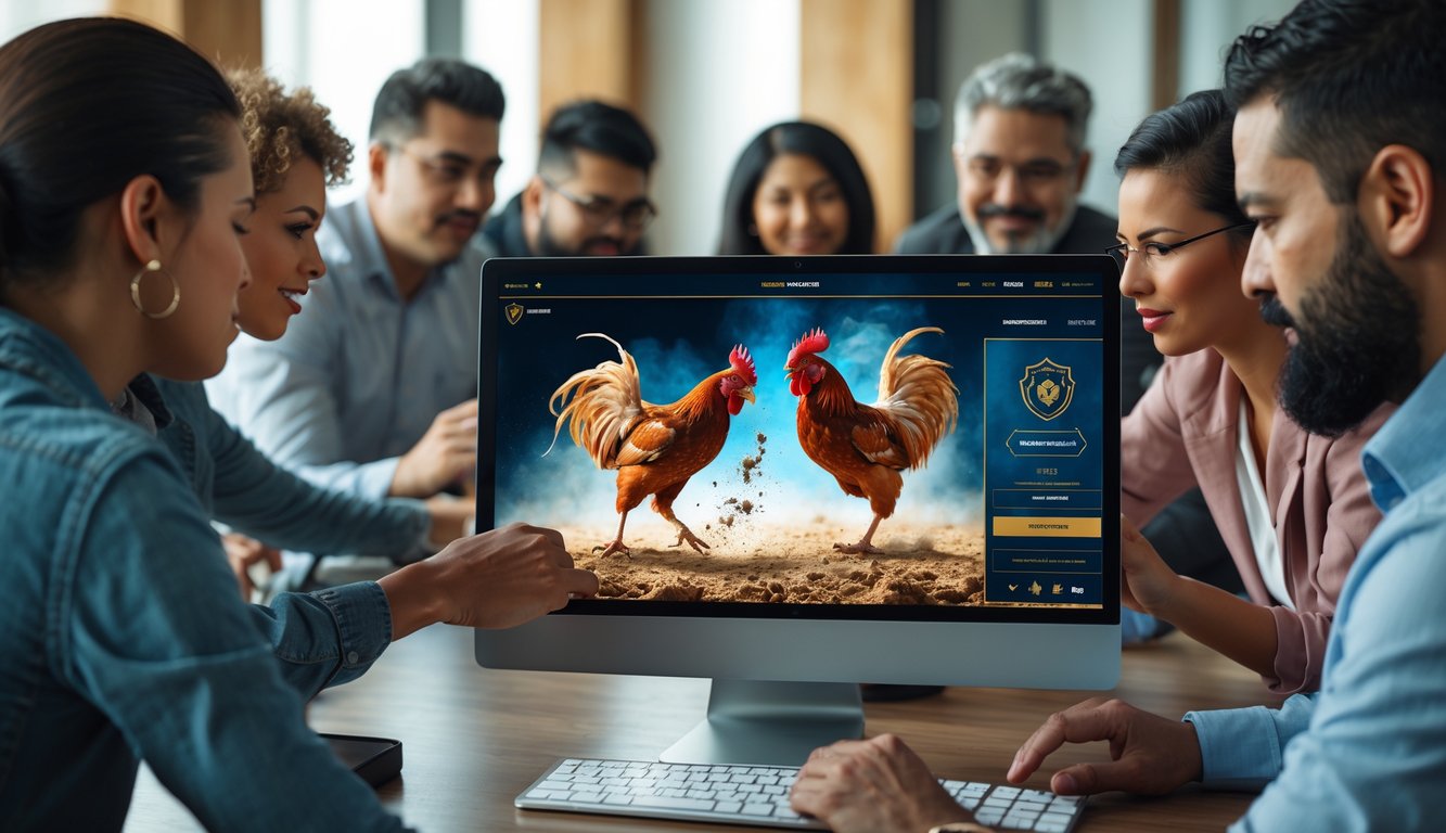 Orang-orang menonton pertandingan sabung ayam secara online melalui perangkat digital di ruangan modern.