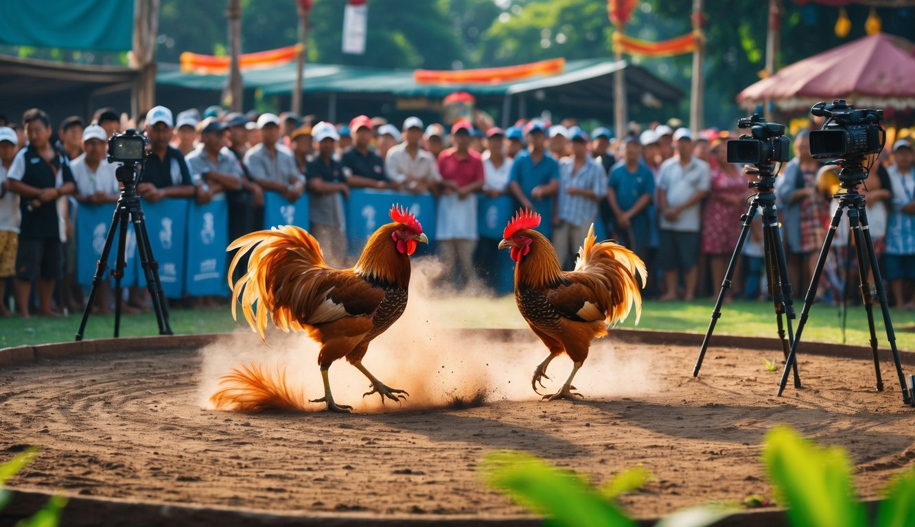 Dua ayam jantan sedang bertarung di arena terbuka dengan penonton yang menyaksikan di sekelilingnya.