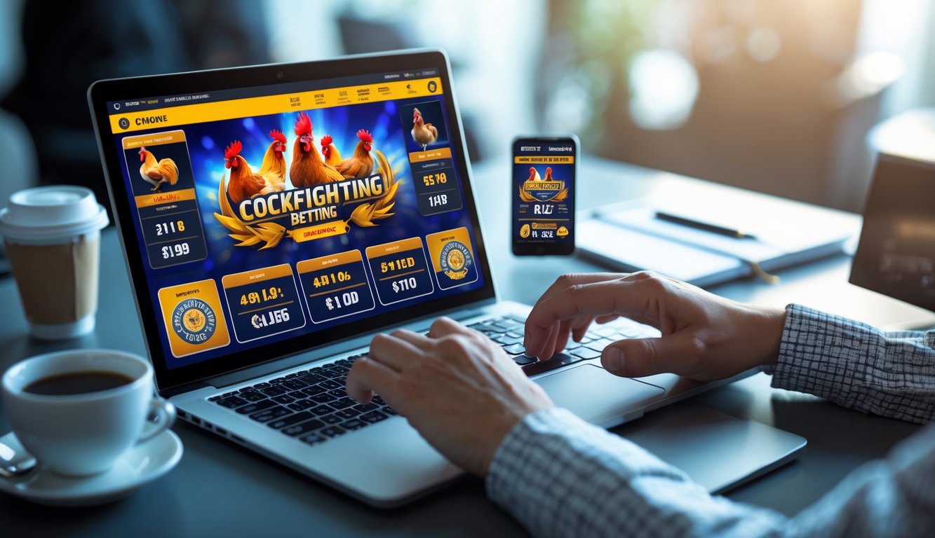 Seorang pengguna sedang menggunakan laptop dan smartphone untuk memasang taruhan sabung ayam online di meja kerja.