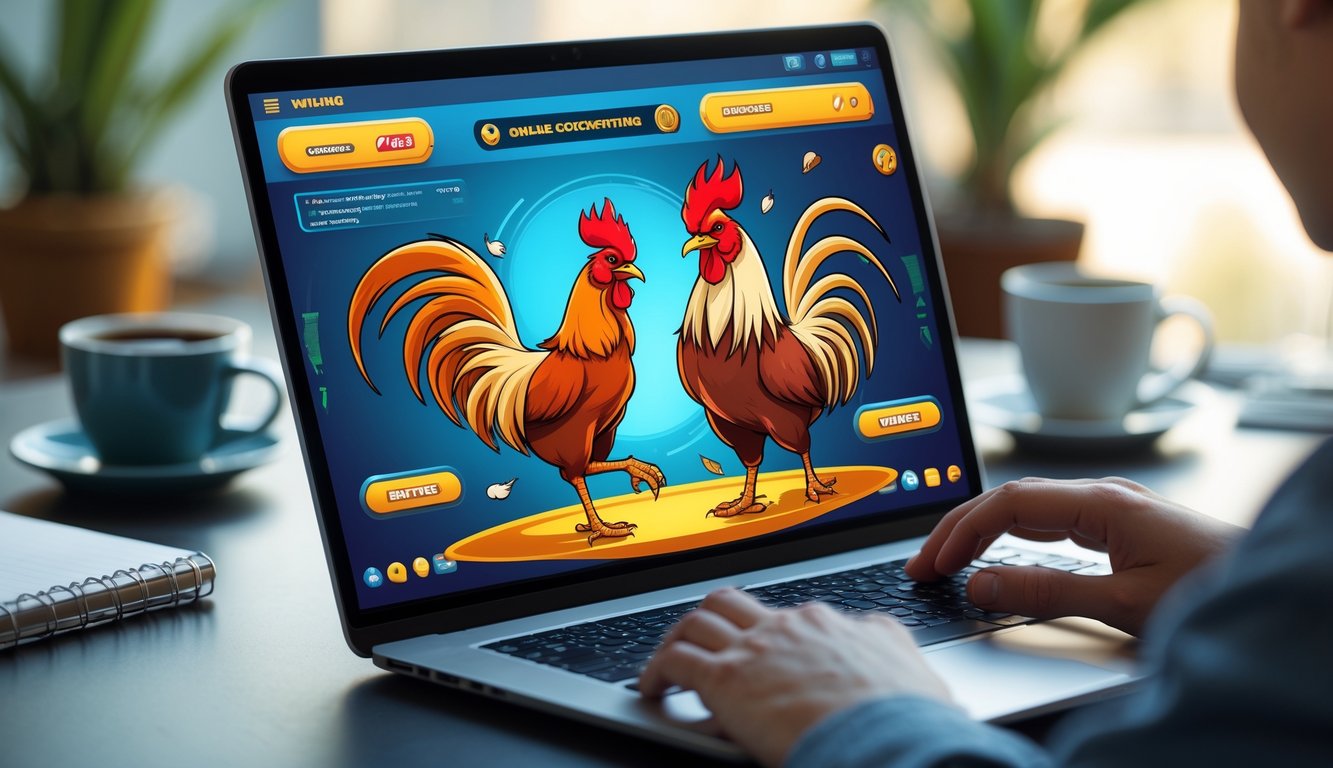 Seseorang menggunakan laptop di meja kerja dengan layar menampilkan ilustrasi ayam jantan bertarung secara online.