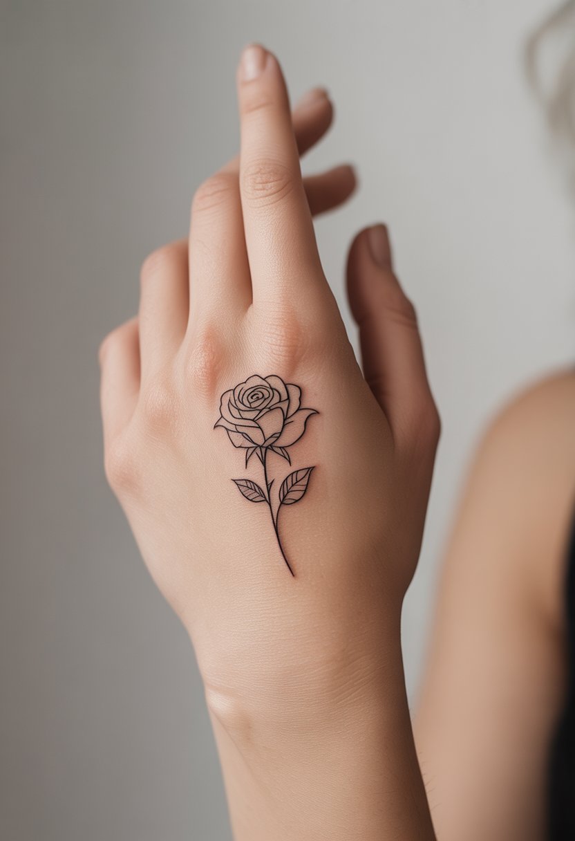 Close-up of a woman's hand with a single rose tattoo on the top of the hand.