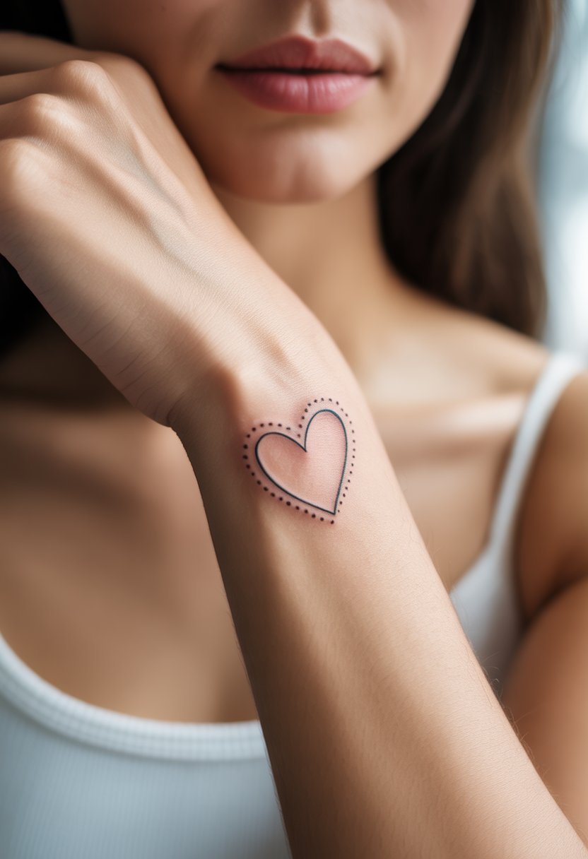 Close-up of a woman's wrist and forearm with a small heart outline tattoo decorated with tiny dots.