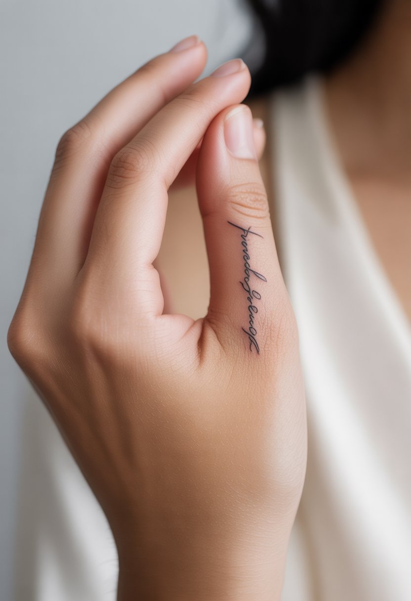 Close-up of a woman's hand with a small, delicate tattoo on her finger against a neutral background.