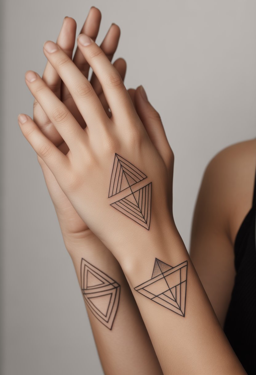 Close-up of a woman's hand with several small geometric triangle tattoos made of fine lines.