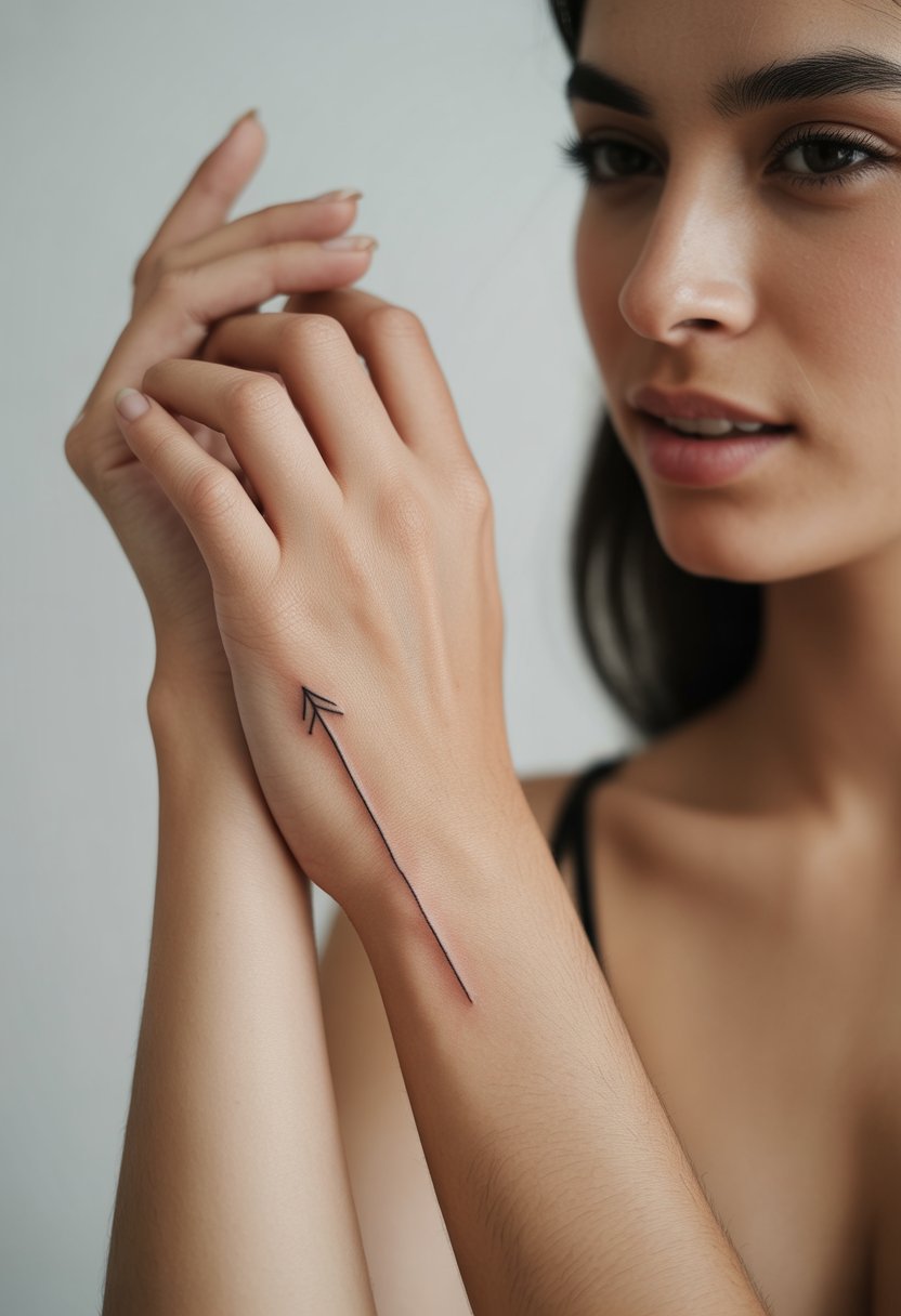 Close-up of a woman's hand with a small minimalist arrow tattoo pointing outward on the side of her hand.