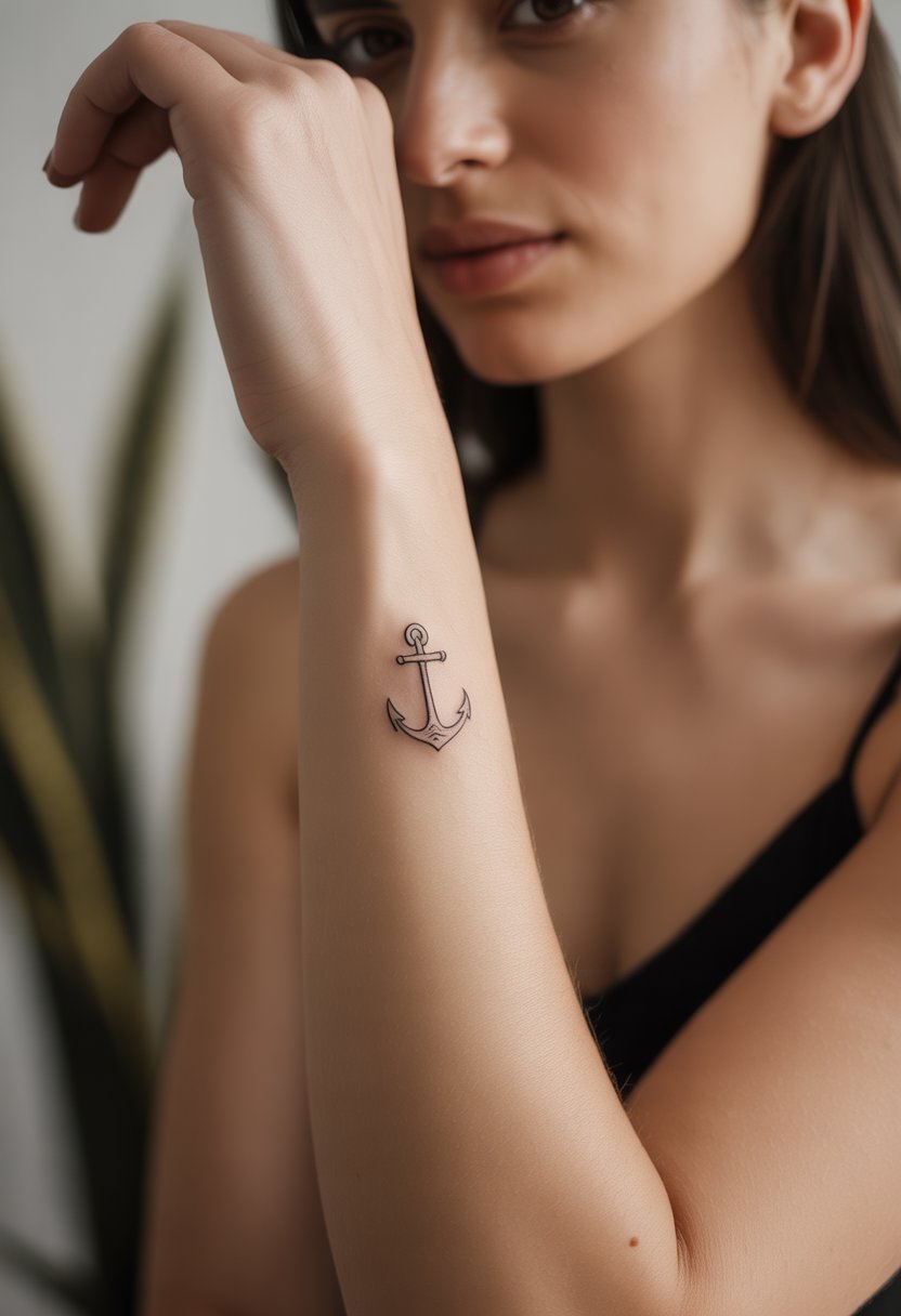 Close-up of a woman's wrist and forearm with a small anchor tattoo featuring wave details.