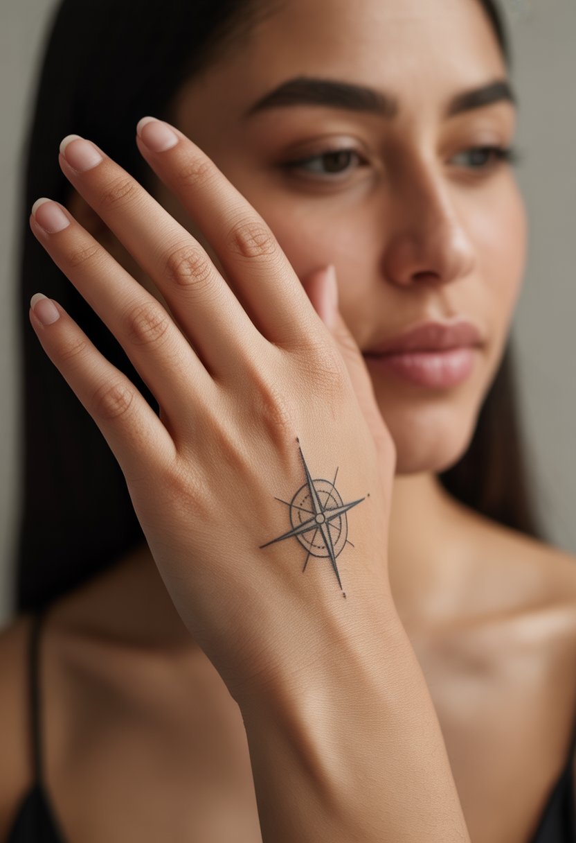 Close-up of a woman's hand showing a fine line compass tattoo on the side of the hand.