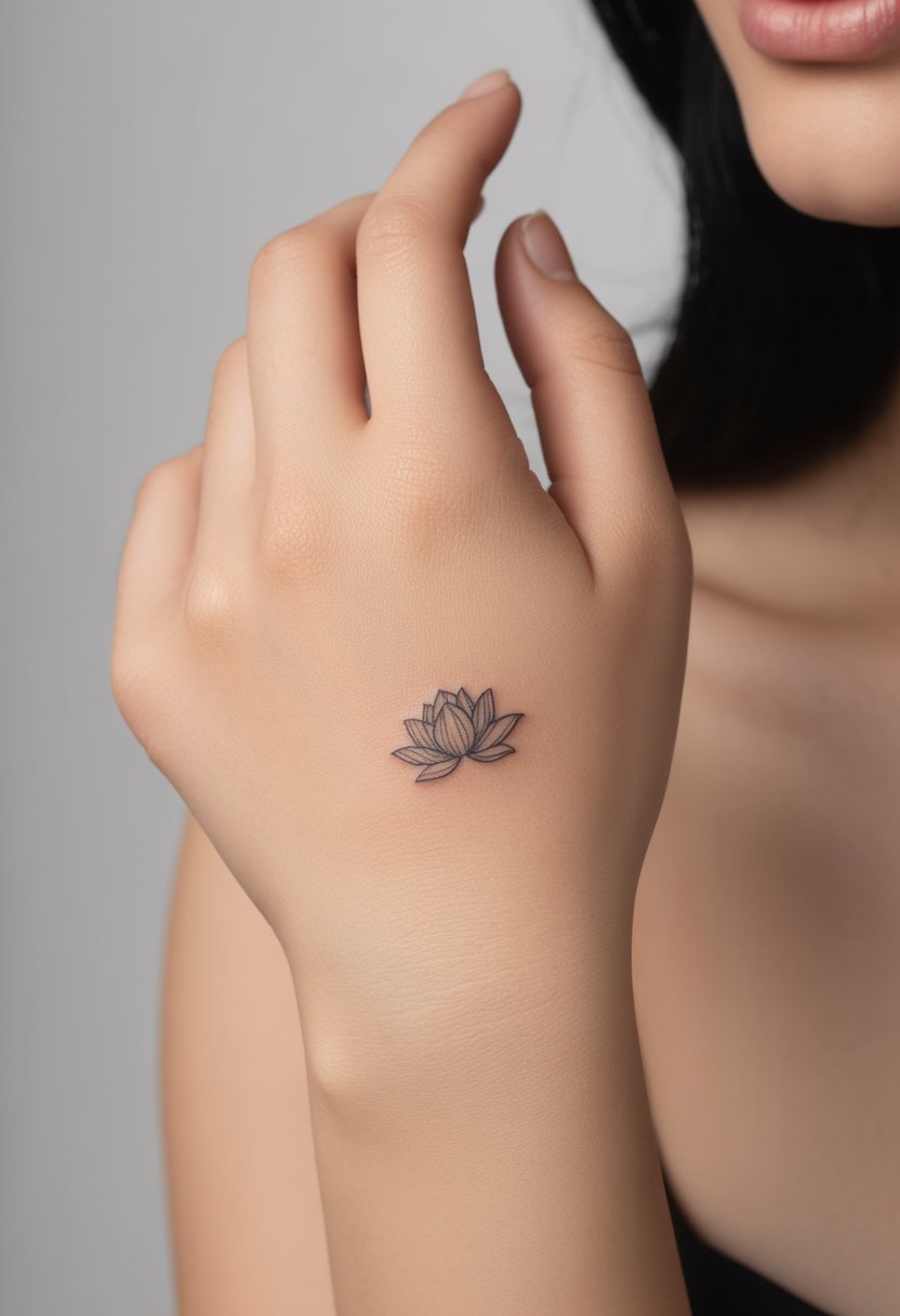Close-up of a woman's hand showing a small lotus flower tattoo at the base of the thumb.