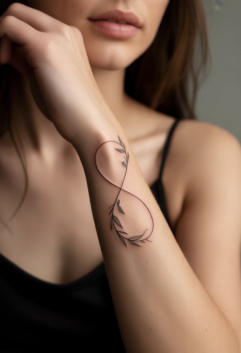 Close-up of a woman's wrist with a fine line infinity symbol tattoo featuring small birds in flight.