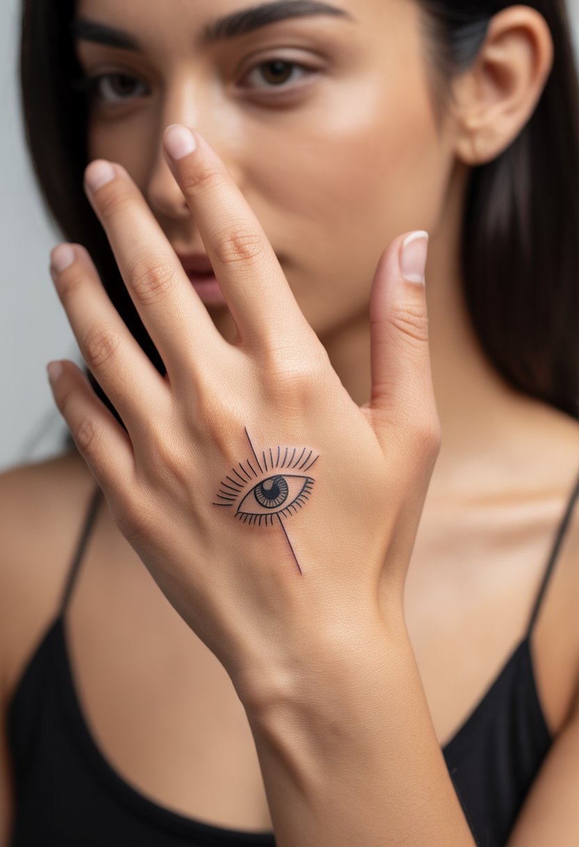 Close-up of a woman's hand showing a small minimalist eye tattoo with radiating lines on the skin.