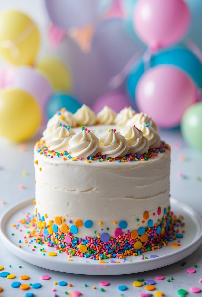 A small birthday cake with white frosting and colorful confetti sprinkles on a white plate.