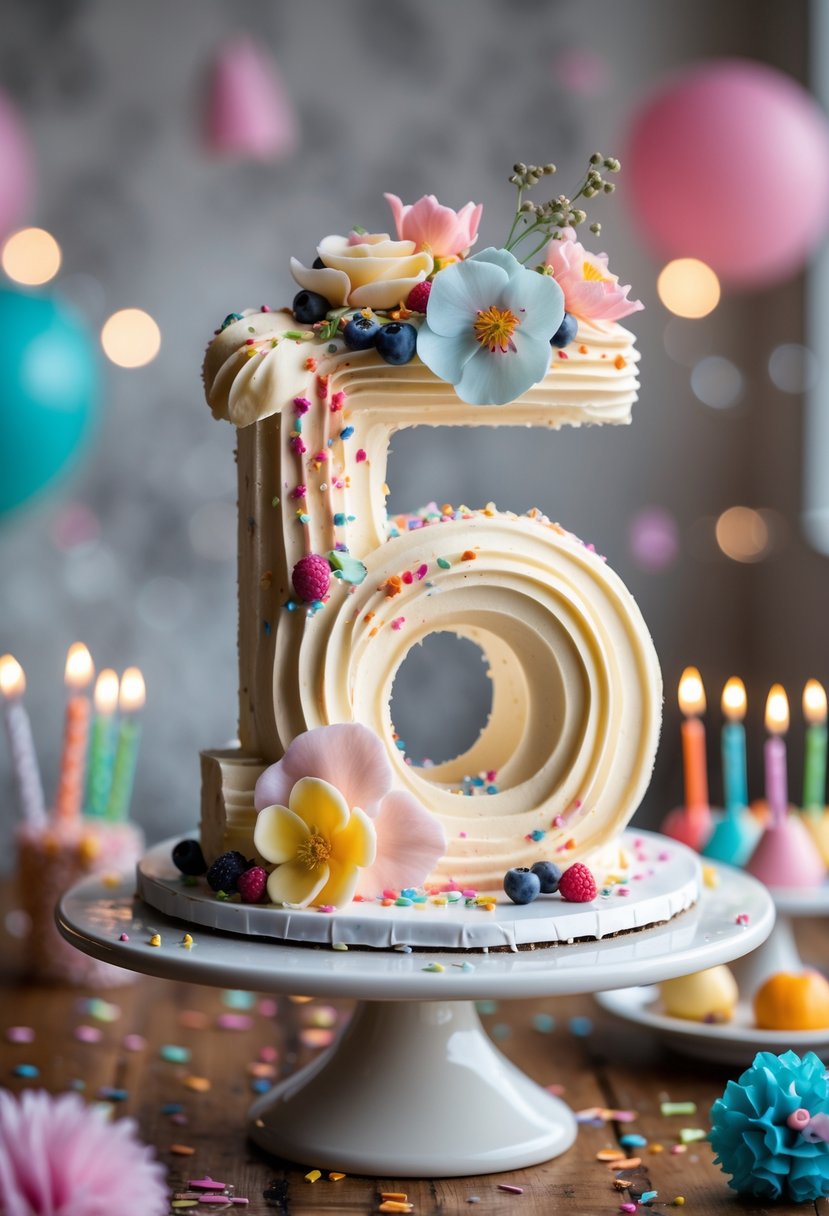 A personalized number 15 birthday cake decorated with flowers and berries on a cake stand surrounded by small birthday decorations.