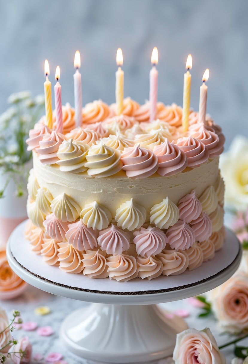 A small round birthday cake covered in pastel-colored buttercream rosettes on a white cake stand with candles and flowers around it.