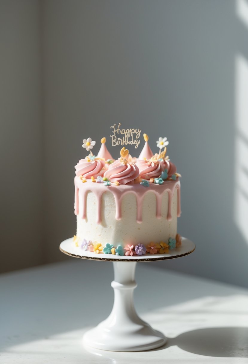 A small, decorated mini birthday cake appearing to float above a white surface.