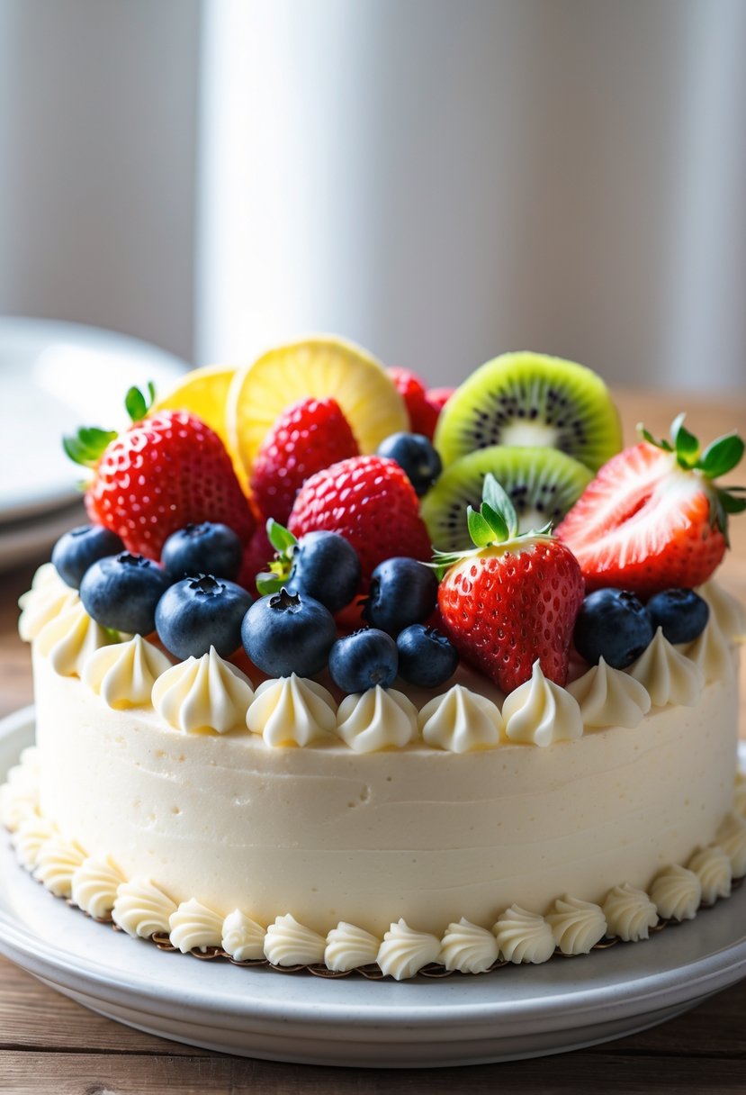 A small vanilla birthday cake topped with fresh mixed fruits on a white plate.