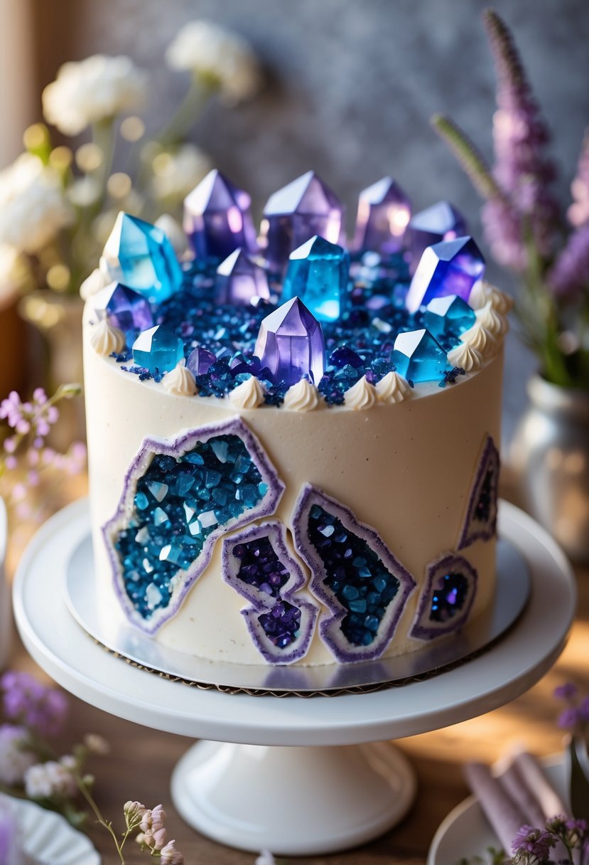 A geode crystal design birthday cake decorated with colorful edible crystals and floral accents on a white cake stand.