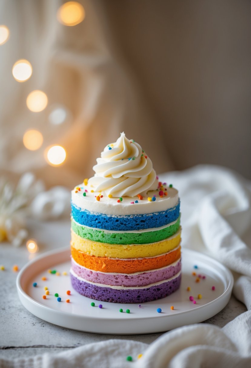 A small rainbow layered mini cake on a white plate with colorful layers and white frosting.