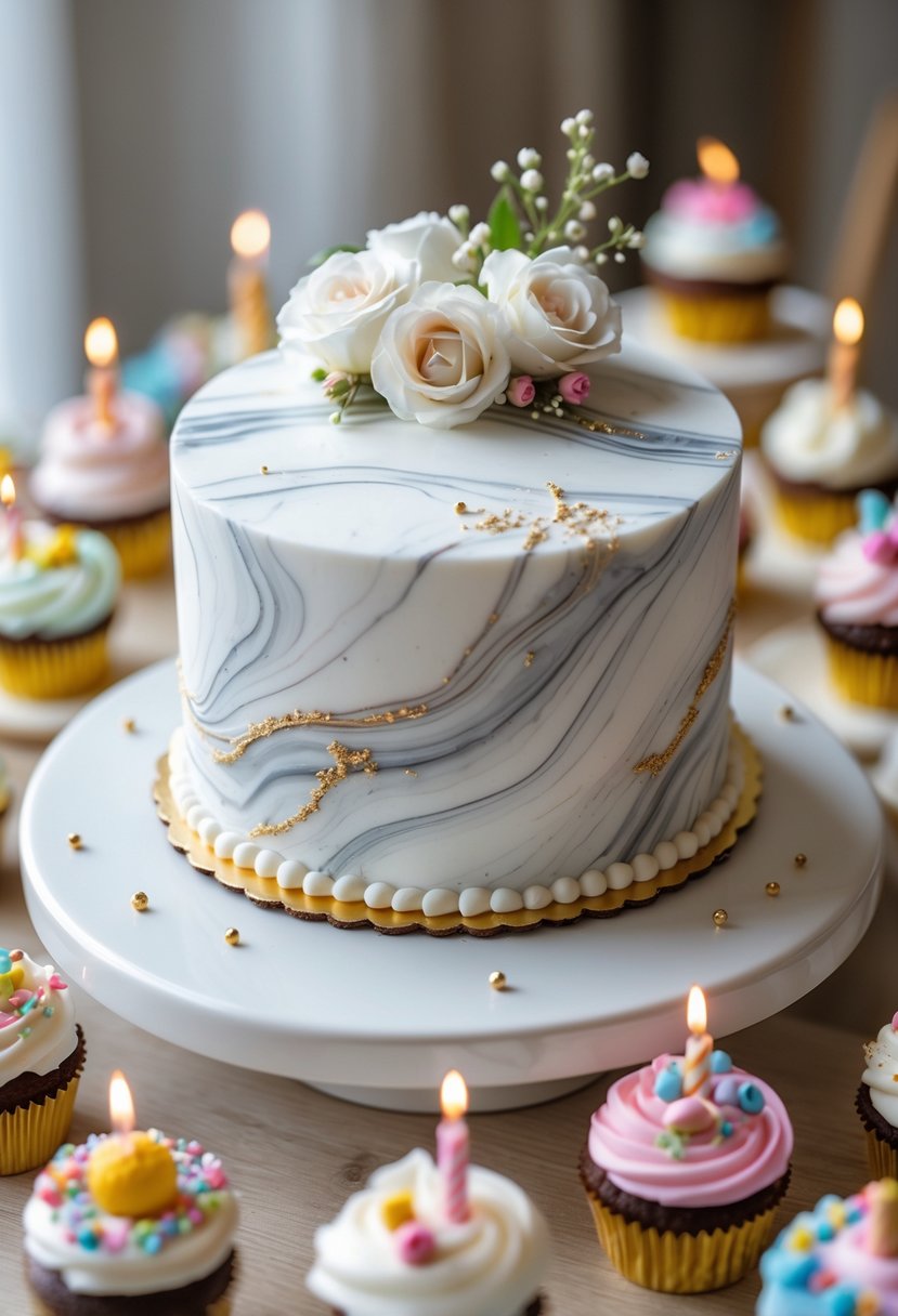 A small marble patterned birthday cake surrounded by fifteen other small decorated birthday cakes on a wooden table.