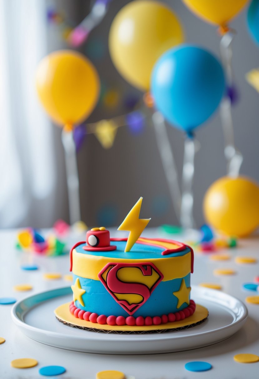 A small superhero-themed birthday cake decorated with colorful frosting and superhero symbols on a white plate with balloons and party decorations in the background.