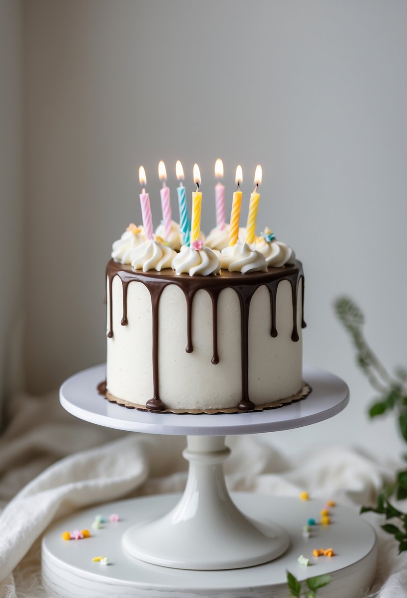 A small white drip cake with chocolate dripping down the sides, decorated with birthday candles and placed on a white cake stand.