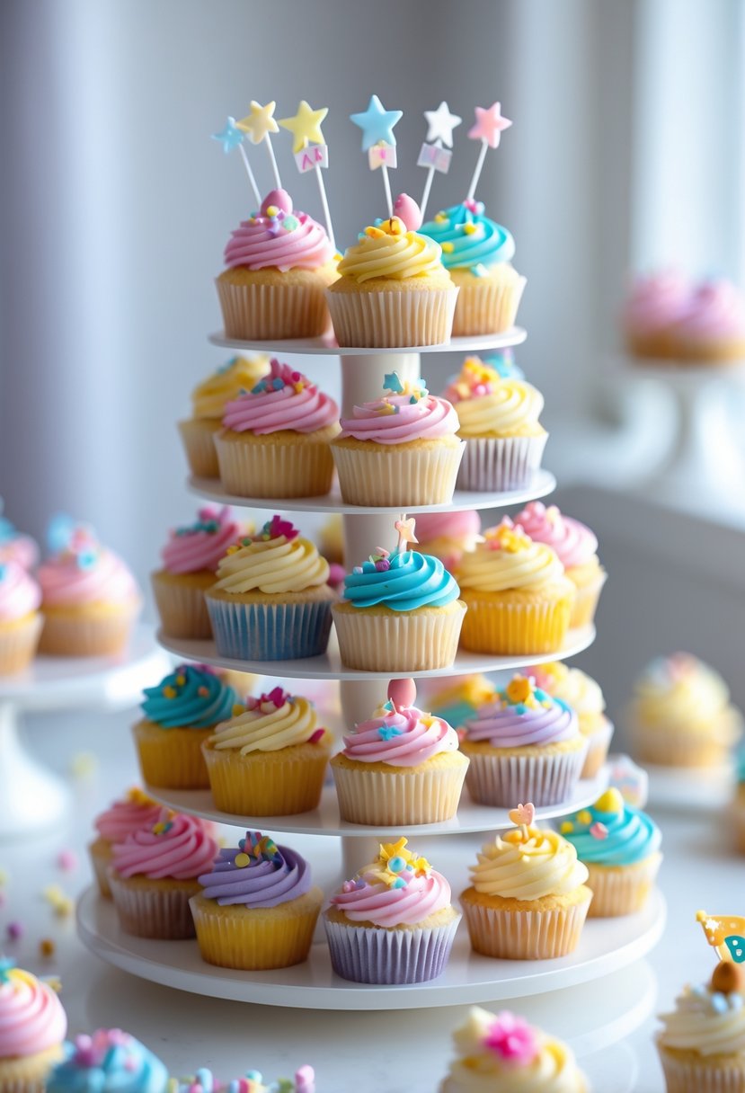 A tower of 15 small colorful birthday cupcakes arranged on a white multi-tiered stand.