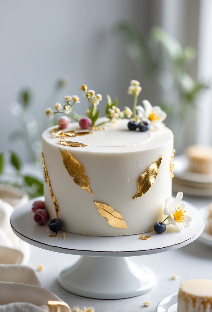 A small birthday cake decorated with edible gold leaf on a plate with soft natural lighting.