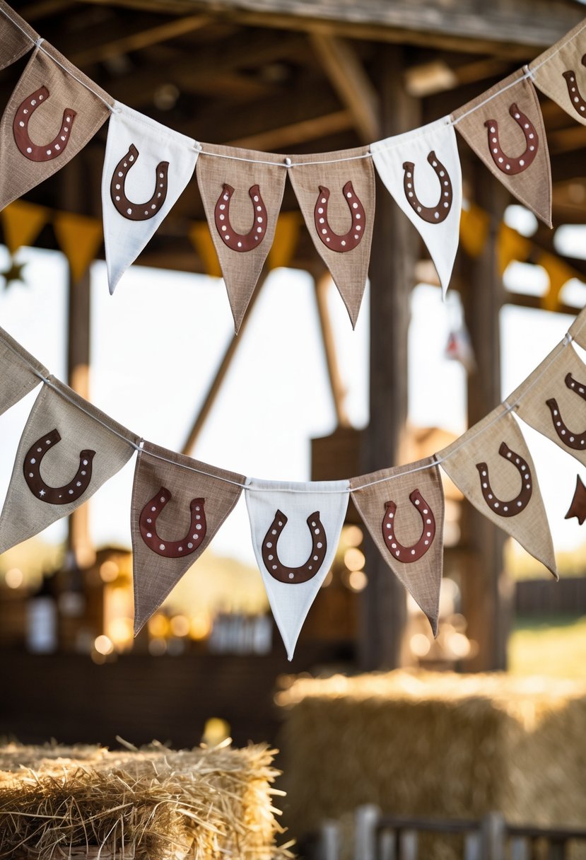 Bunting flags decorated with horseshoes and stars hanging as part of a cowgirl birthday party decoration.