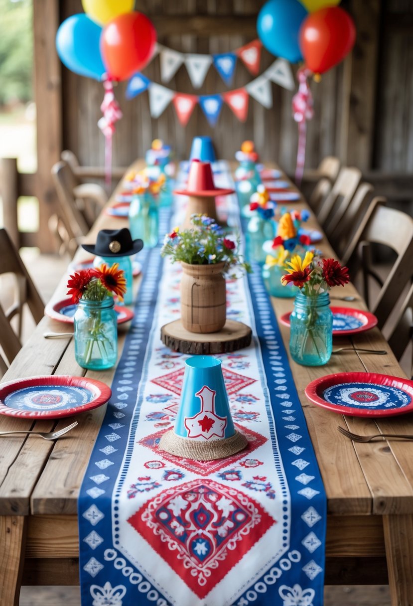 A decorated wooden table with bandana-patterned runners, cowboy hats, wildflowers, and birthday party decorations for a cowgirl-themed celebration.