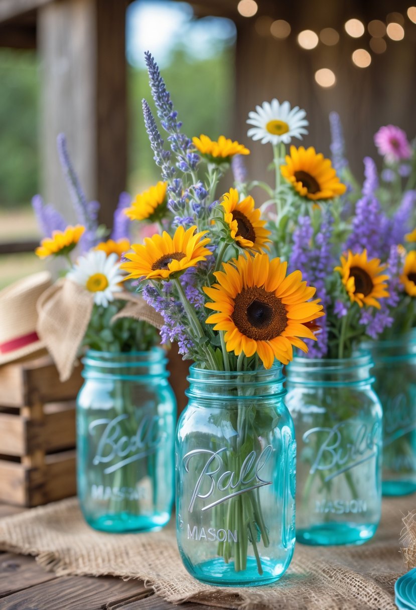 Mason jars filled with colorful wildflowers arranged on a wooden table outdoors at a cowgirl birthday party.