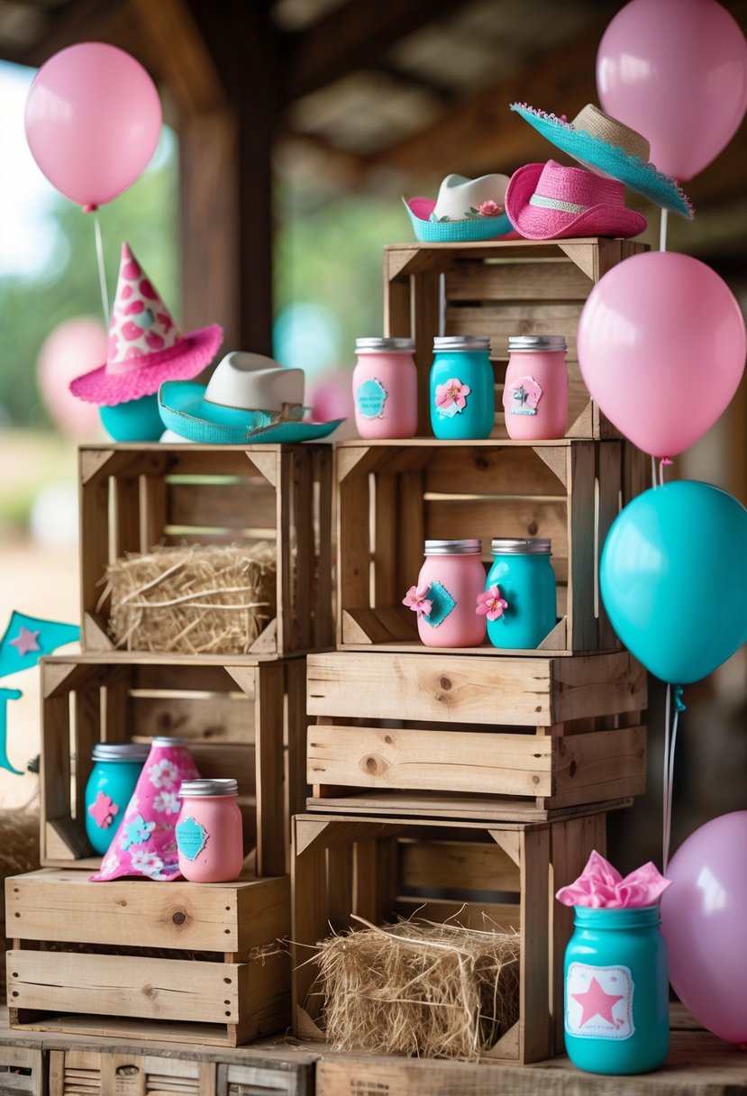 Stacked wooden crates decorated with cowgirl-themed birthday party items including hay bales, flowers, cowboy hats, bandanas, and balloons.