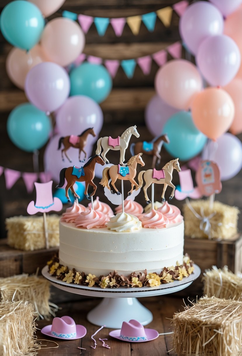 A birthday cake decorated with horse-shaped toppers and cowgirl-themed party decorations on a wooden table.