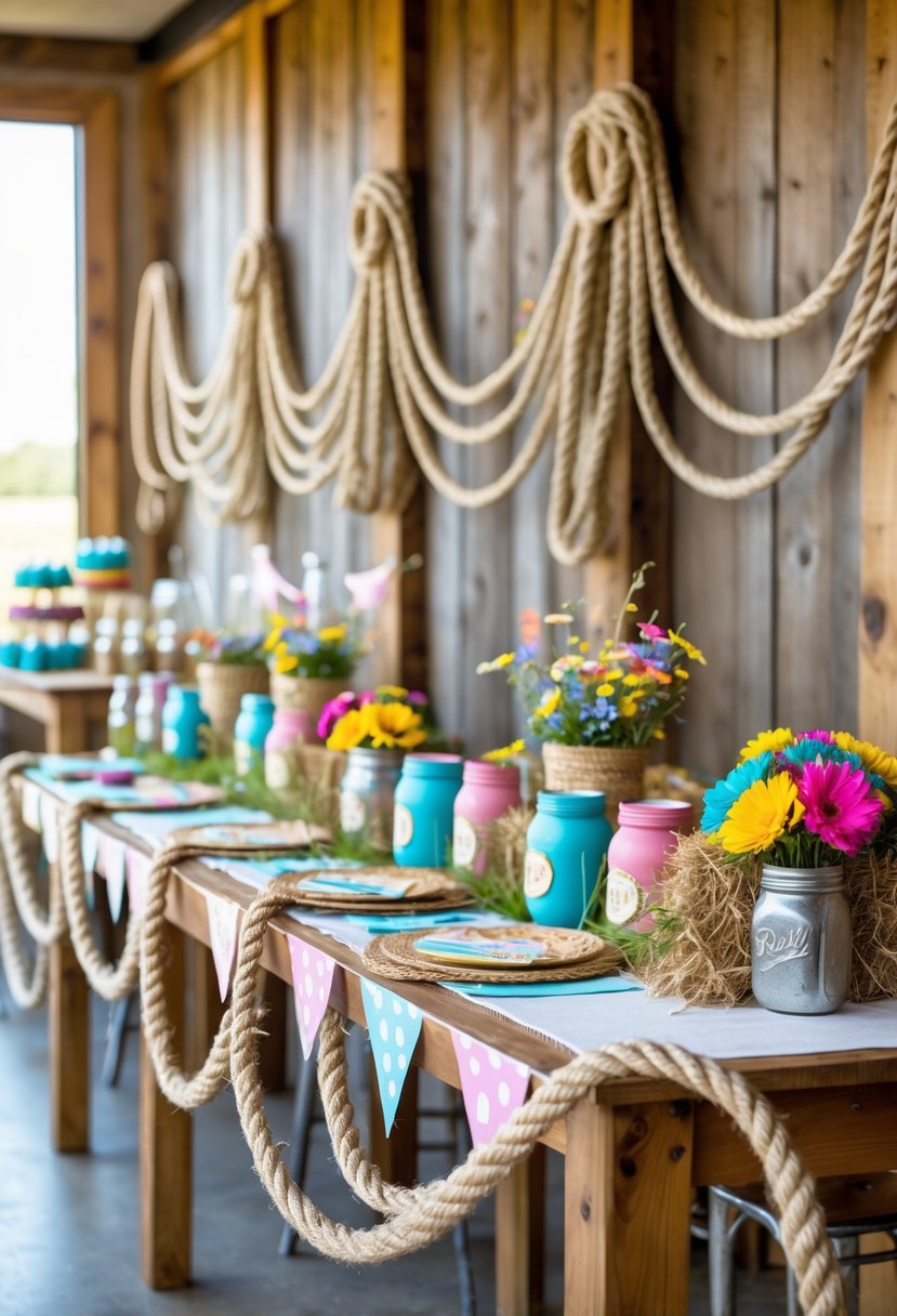 A decorated birthday party scene with lasso ropes hanging along wooden walls and tables, featuring cowgirl-themed decorations like hay bales, bandanas, and wildflowers.