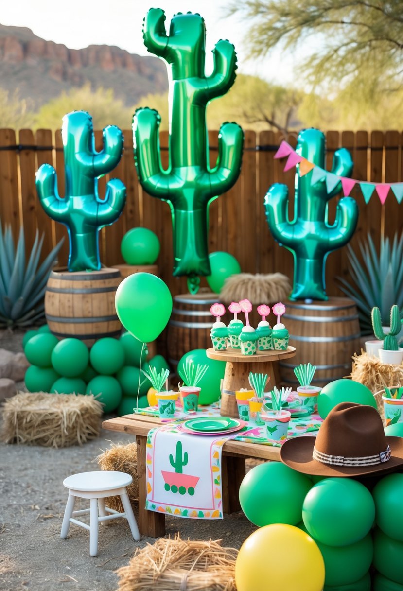Outdoor birthday party decorated with cactus-shaped balloons and cowgirl-themed decorations including wooden barrels and hay bales.